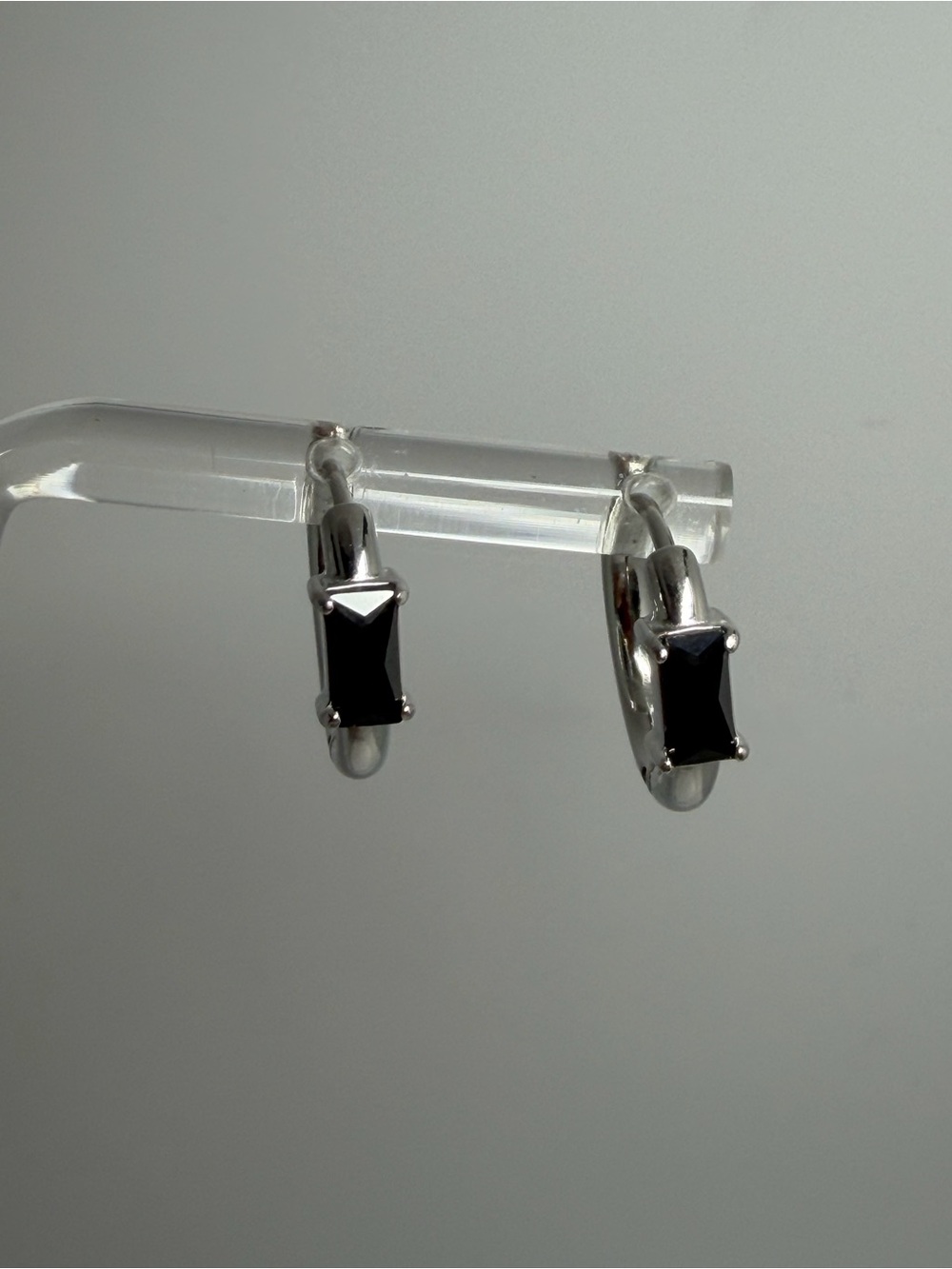 Sterling Silver tone Huggie Earrings with Black Gems Cubic Zirconias